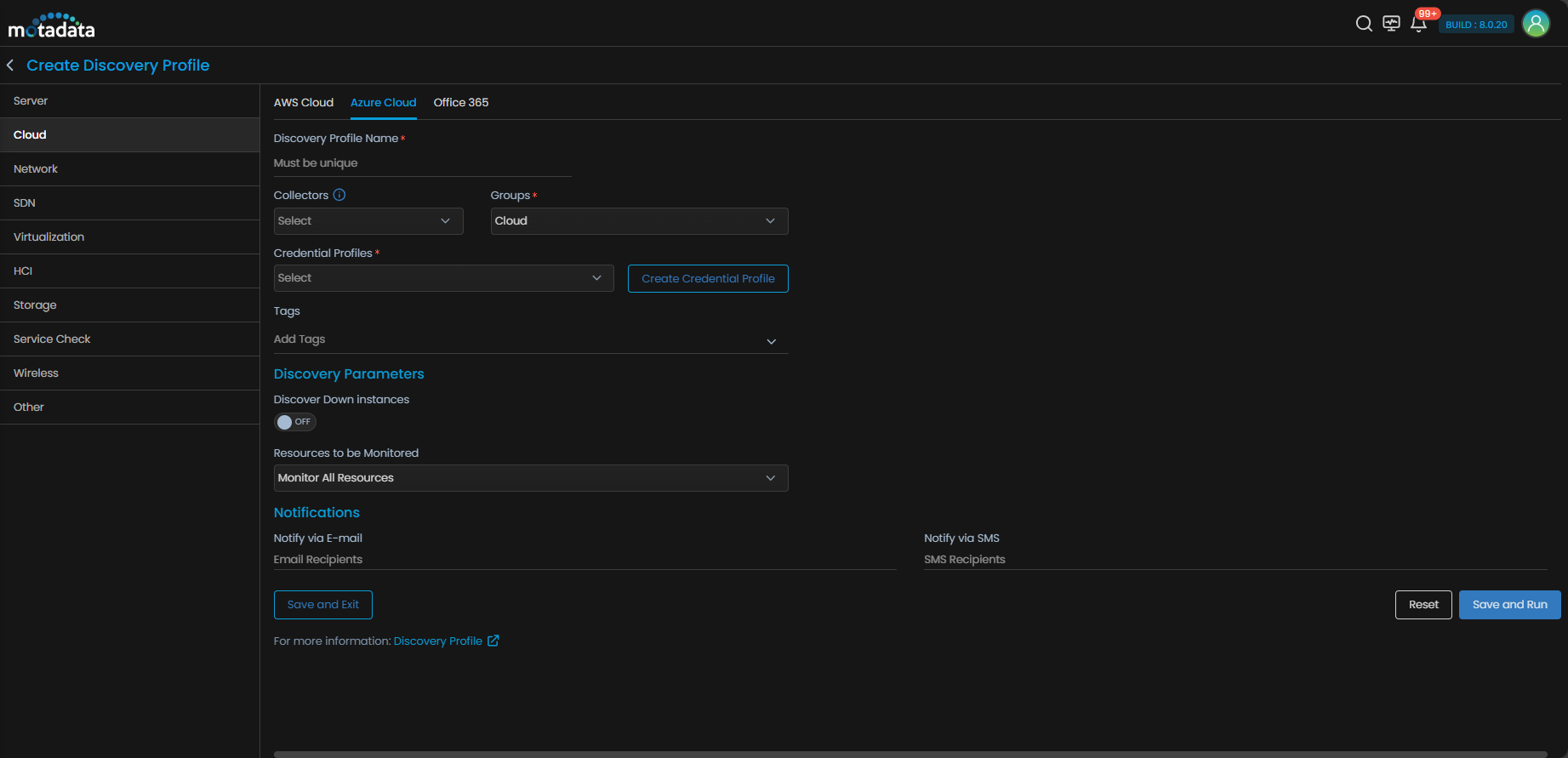 Discovery Profile form with Cloud category and Azure Cloud selected